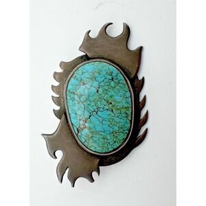 Antique Vtg Turquoise Brooch Flames Surrounding Estate Pin RVC Republic Vietman